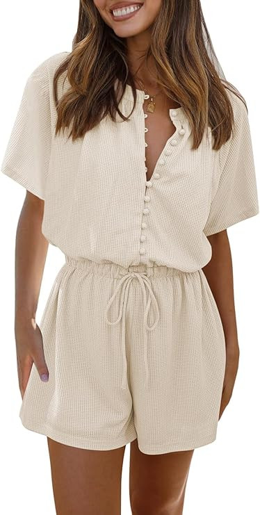 Fixmatti Women Summer Rompers Short Sleeve Button Up One Piece Casual Shorts Jumpsuits | Amazon (US)