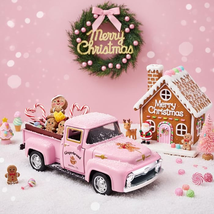 Pink Gingerbread Christmas Decor Vintage Farmhouse Metal Truck with Mini Fake Candy Cookie Box Gi... | Amazon (US)