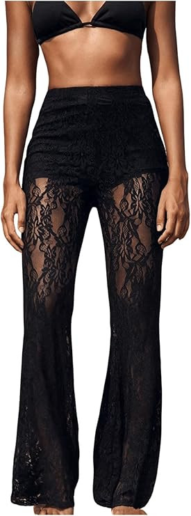 Women's Floral Lace Sheer Mesh Flare Pants Elastic High Waisted Long Trousers | Amazon (US)