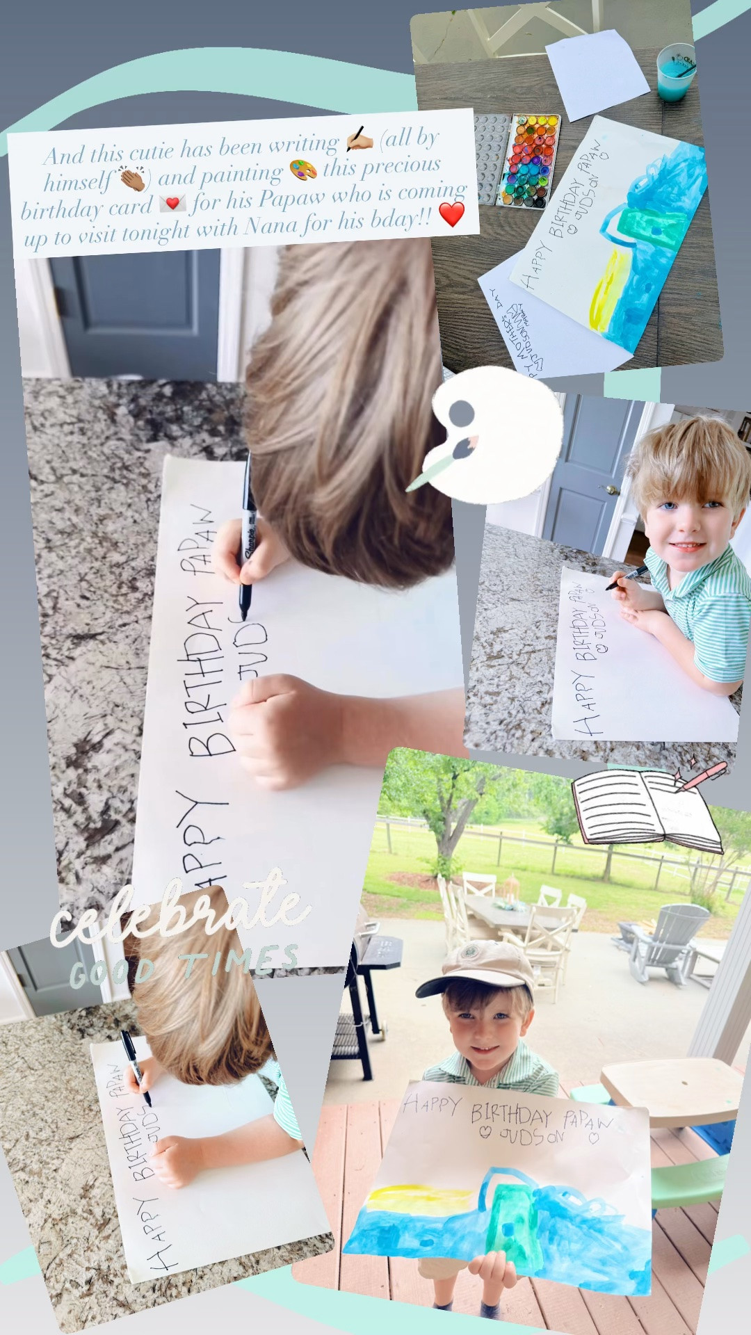 And this cutie has been writing ✍🏼 (all by himself 👏🏽) and painting 🎨 this precious birthday 🎂 card 💌 for his Papaw who is coming up to visit tonight with Nana for his bday!! 🎈❤️