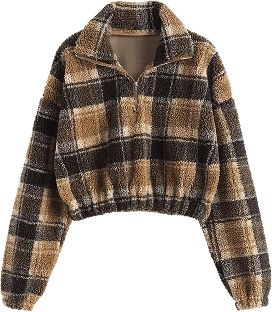 ZAFUL Women's Fashion Long Sleeve Lapel Half Zip Plain Faux Fur Sweatshirt Solid Color Crop Pullo... | Amazon (US)