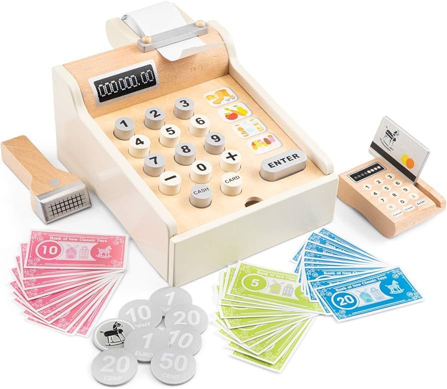 New Classic Toys 10651 Wooden Cash Register with Play Money, Scanner and Bank Card, White | Amazon (US)