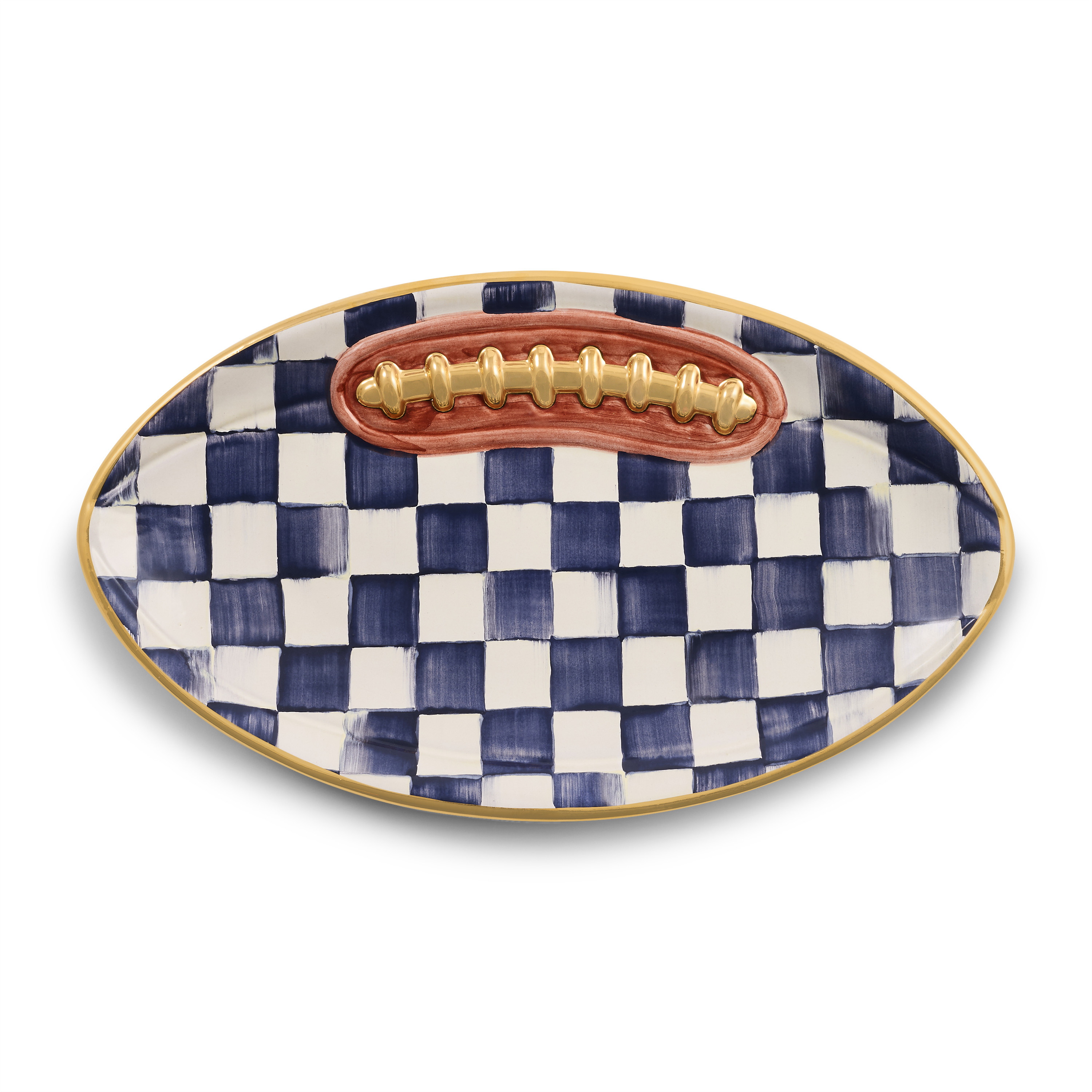 MacKenzie-Childs Indigo Check Ceramic Football Platter | MacKenzie-Childs