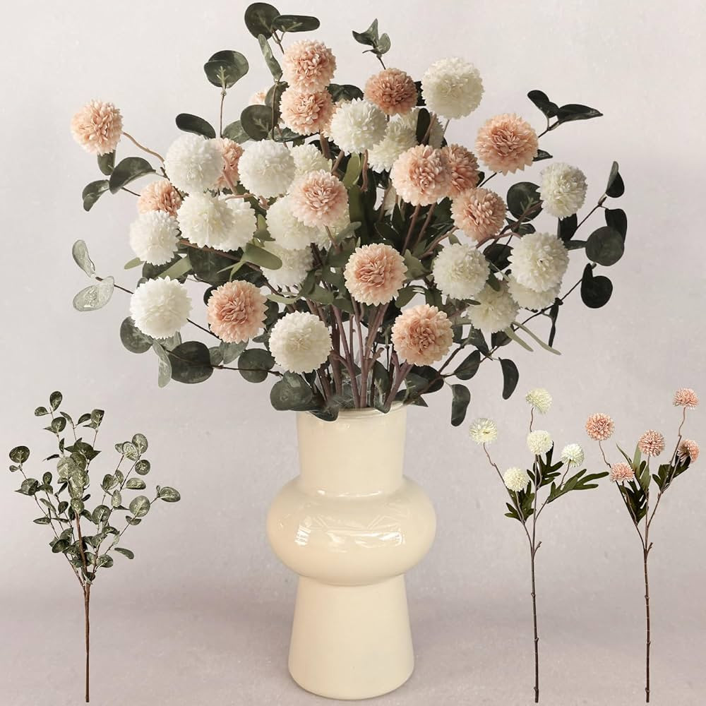 7Pcs Beige White Faux Kiku Flower 25 Heads+18 Eucalyptus, Long Stem Pom Pom Fake Mums Artificial ... | Amazon (US)