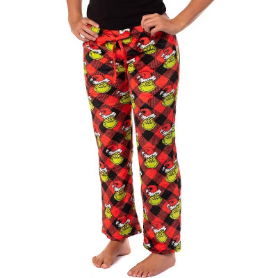 Grinch Pajama Pants Dr Seuss Woman's Grinch Holiday Plush Fleece Pants Junior Pajama Pants Adjustable Waistband (Large) Multicolored | Target