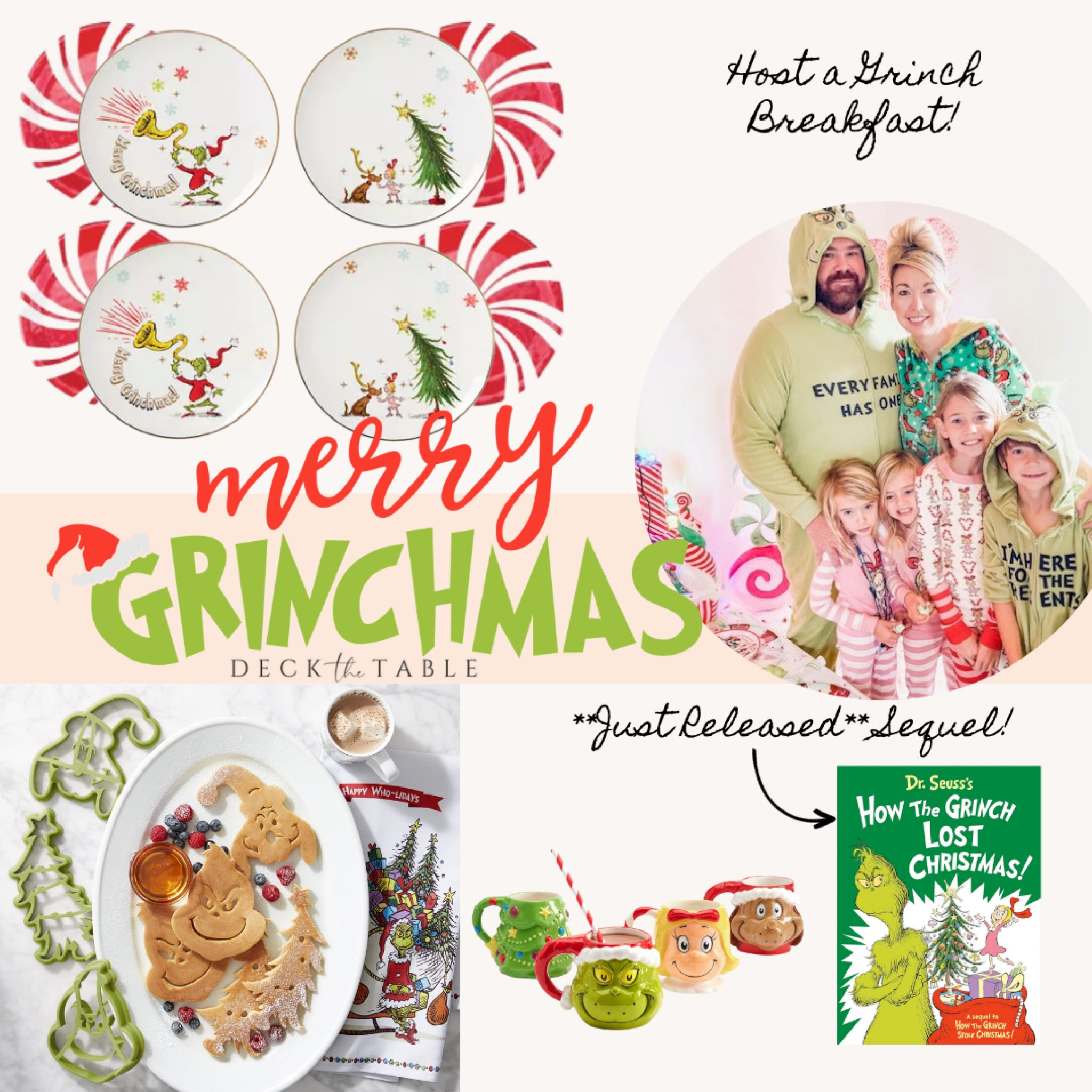 Every December our family hosts our annual Grinch Day to kick off Christmas so I thought it would be fun to kick off 12 Days of Christmas here on LTK with the Grinch too! Decking the table for Grinch day includes a mix of red and white peppermint with pops of green! Perfect for serving up our Grinch pancakes! I’m excited to incorporate the new Grinch Book Sequel. It’s such a cute story. Sure to make your heart grow three sizes! #grinch #12daysofchristmas #deckthetable 

#LTKHoliday #LTKhome #LTKparties