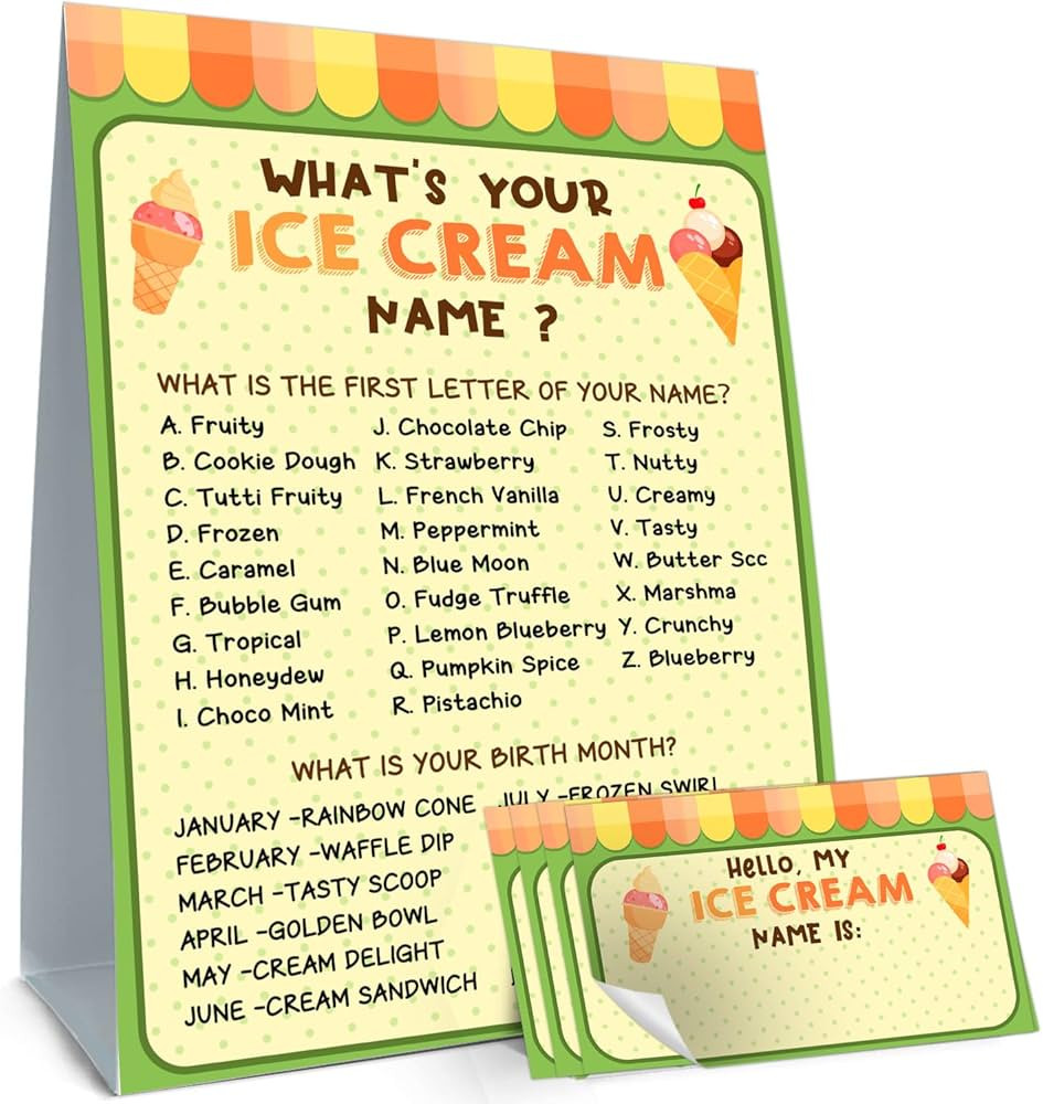 What's Your Ice Cream Name Game Set, 1 Ice Cream Name Game Double Sided Sign, 30 Name Stickers, I... | Amazon (US)