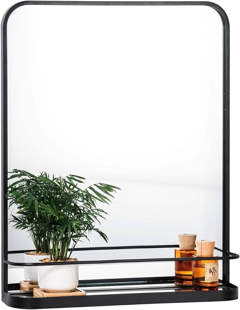 VASUHOME Black Bathroom Mirror with Shelf - Bathroom Vanity Mirror with Metal Frame with Rounded ... | Amazon (US)