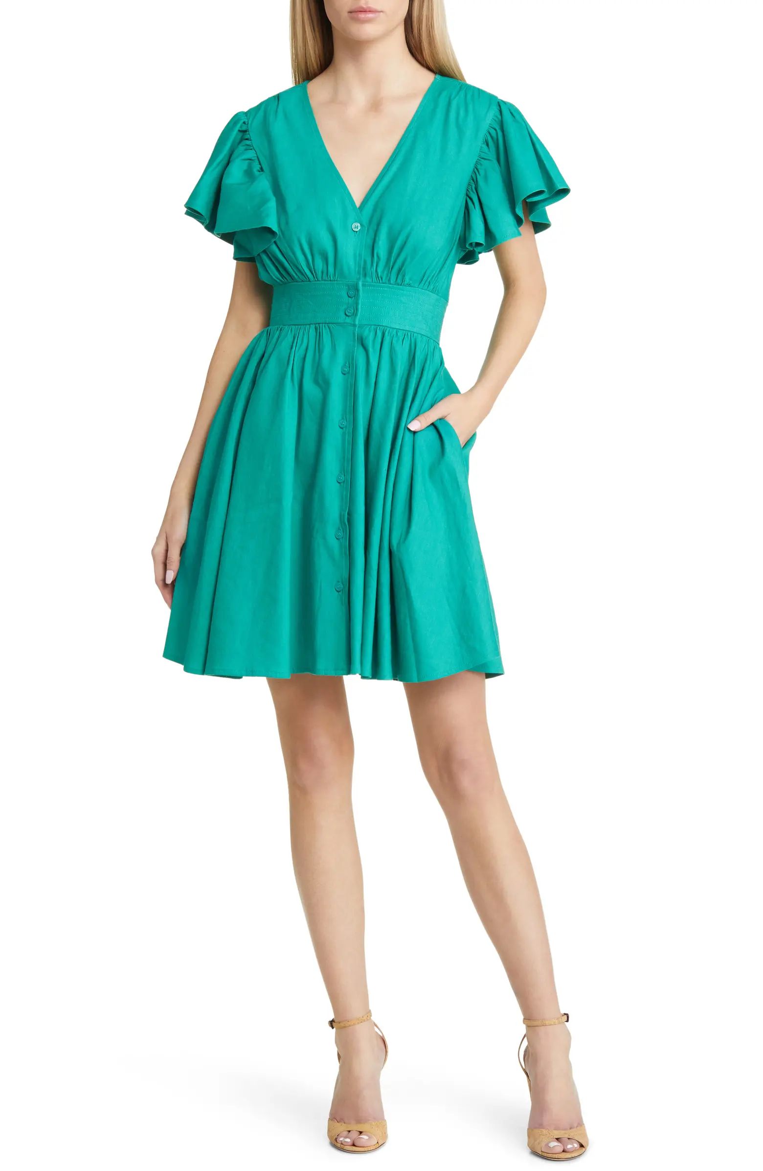 Ruffle Sleeve Button-Up Linen Blend Dress | Nordstrom
