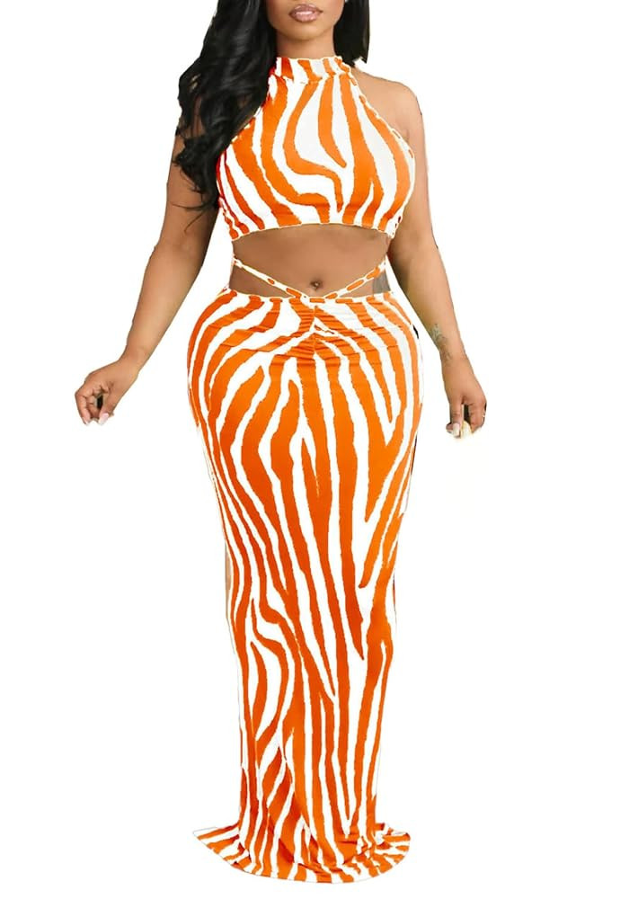 Sexy Striped Two Piece Outfits for Women Sleeveless Crop Tops Date Night Bodycon Maxi Skirt Set S... | Amazon (US)