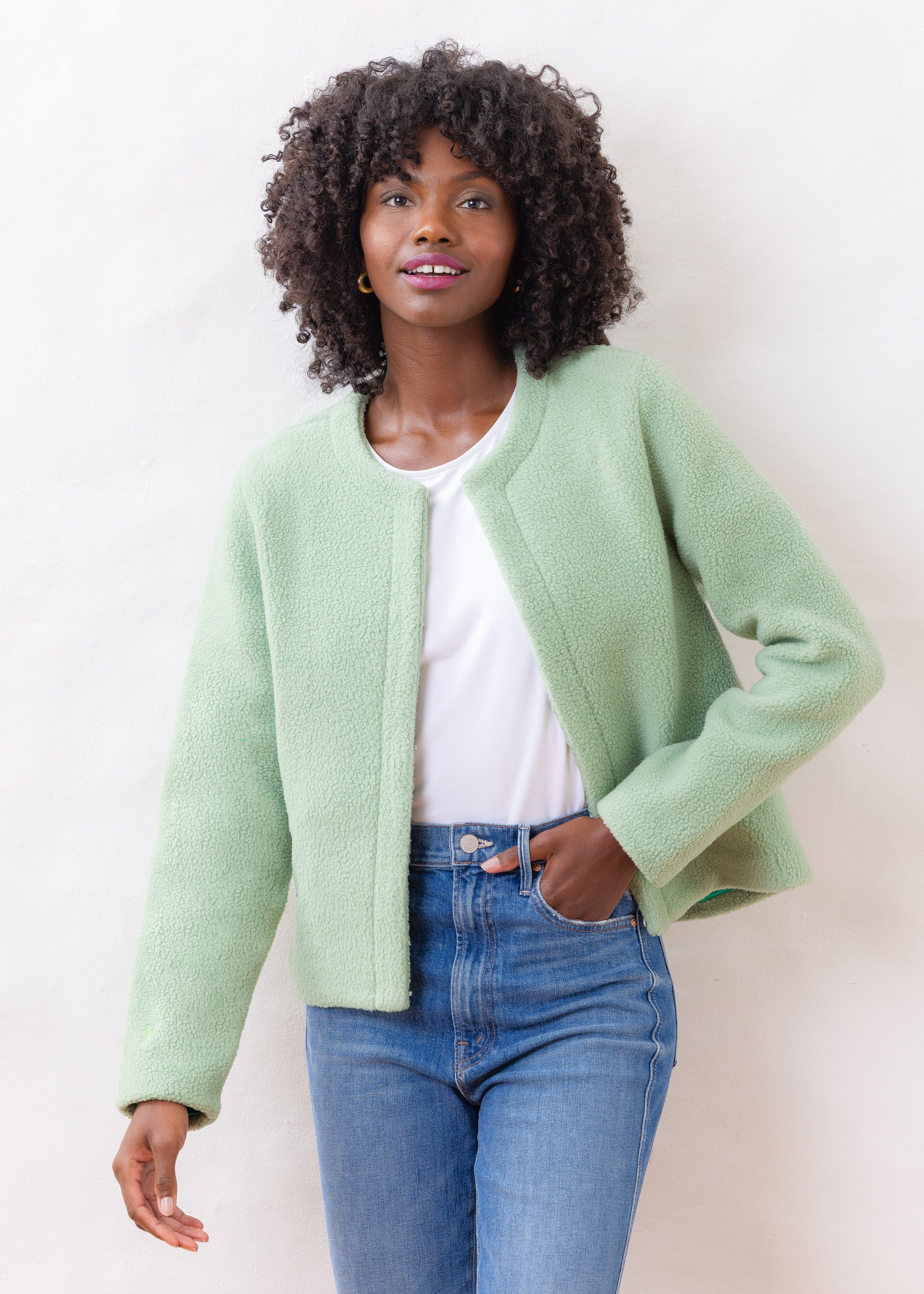 Cat Rock Cardigan in Sherpa Fleece (Basil) | Dudley Stephens