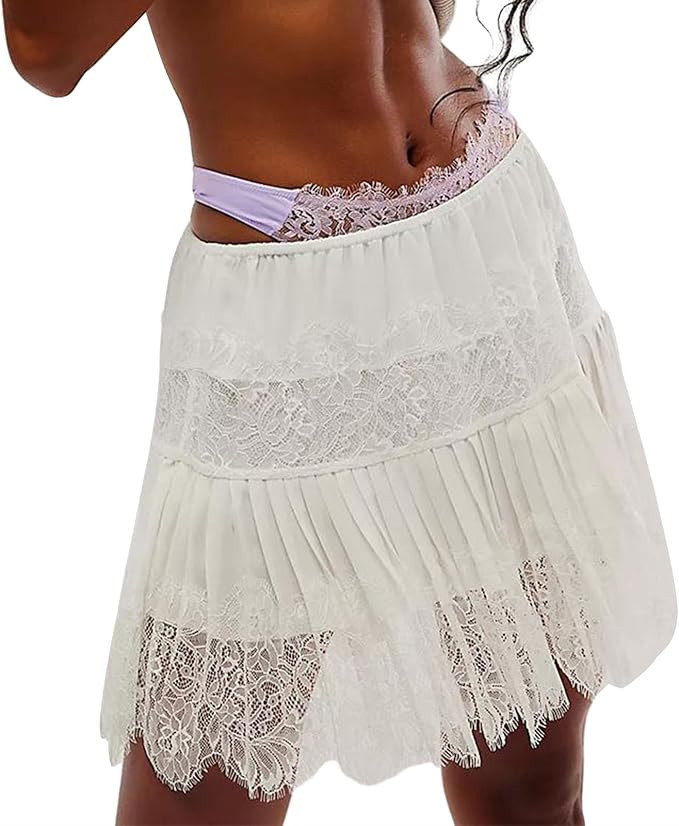 Women Lace Mini Skirt Y2k Ruffle Low Waist Half Slip Skirt Layered Pleated Flowy Short Skirt Stre... | Amazon (US)