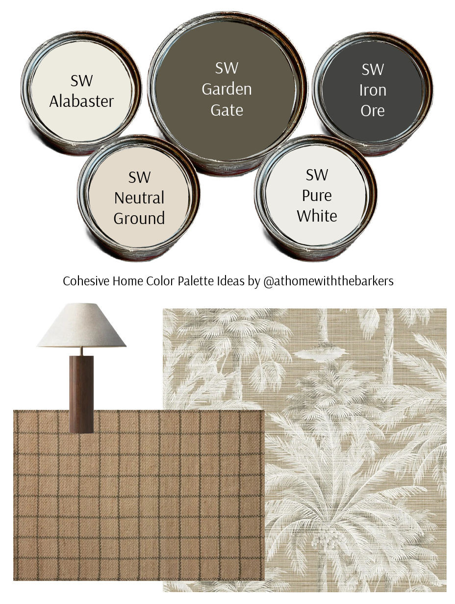 SW Alabaster, Garden Gate, Neutral Ground, Pure White, Iron Ore home design color palette, wallpaper, area rug and lamp.
 

 #LTKHome