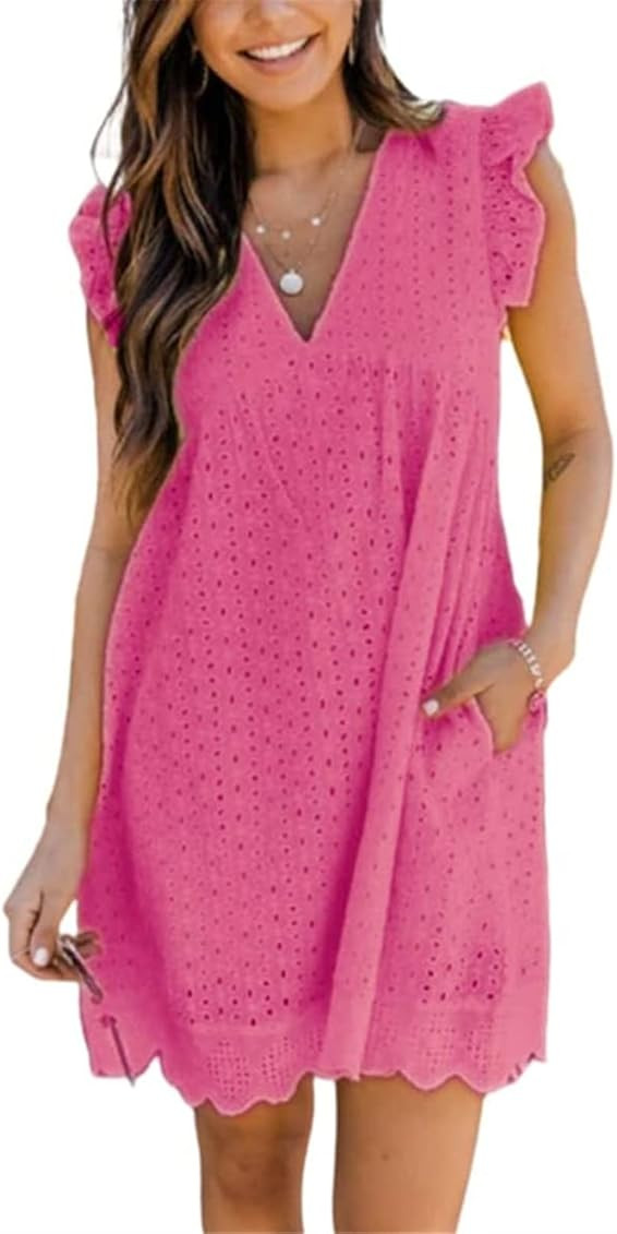 AELSON Women's Sexy Summer V Neck Dress with Short Loose Ruffle Sleeve California Romper Dress | Amazon (US)