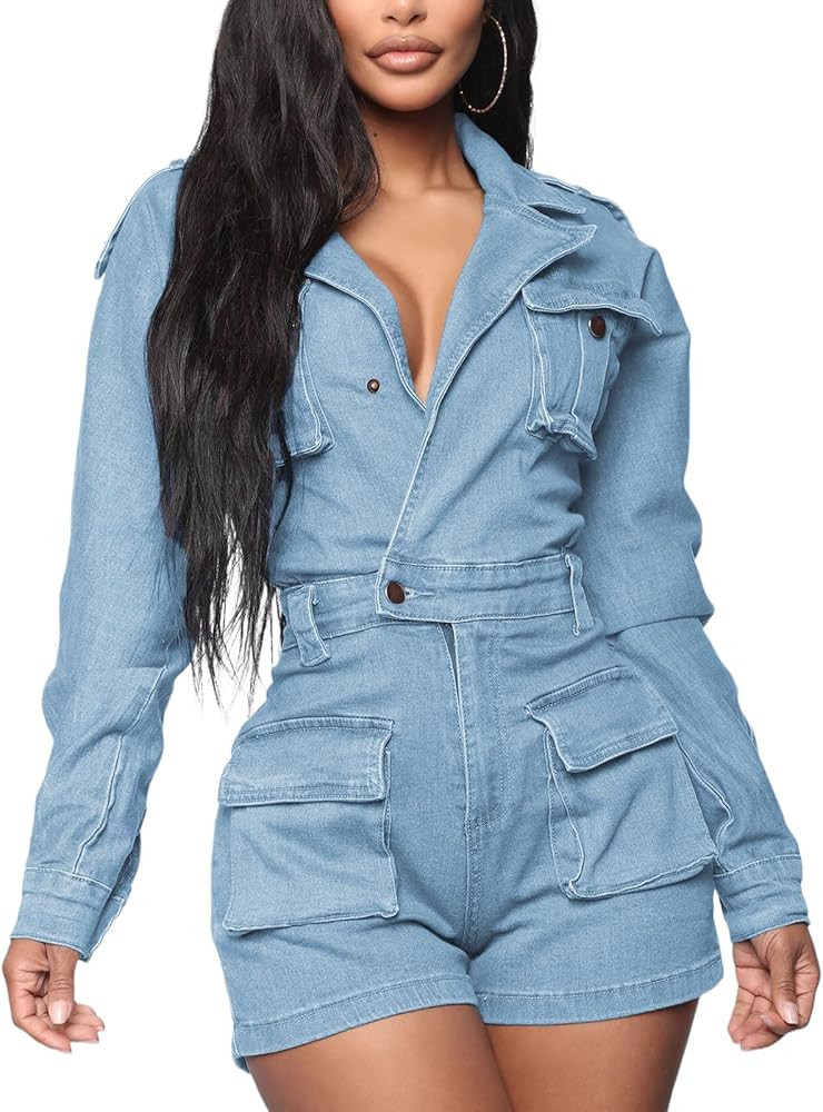 SheKiss Womens Casual Short Sleeves Denim Romers Elastic Waist Button Down Onesie Jumpsuits with ... | Amazon (US)