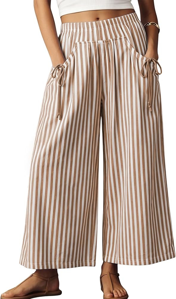 Athlisan Womens Striped Wide Leg Track Pants High Waisted Drawstring Elastic Waist Loose Baggy Ca... | Amazon (US)