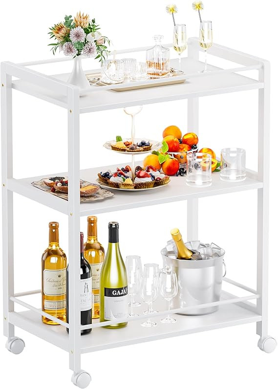HITNET White Bar Cart, Home Bar Serving Cart, Kitchen Trolley on Wheels with Storage, 3 Tier Roll... | Amazon (US)