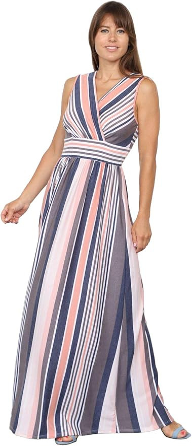 Eloges Women's Multi Stripe Sleeveless Maxi Dress with Pockets (Surplice Pink Charcoal, Medium) | Amazon (US)