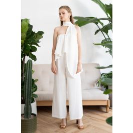 Off-Shoulder Flap Scarf Chiffon Jumpsuit | Chicwish