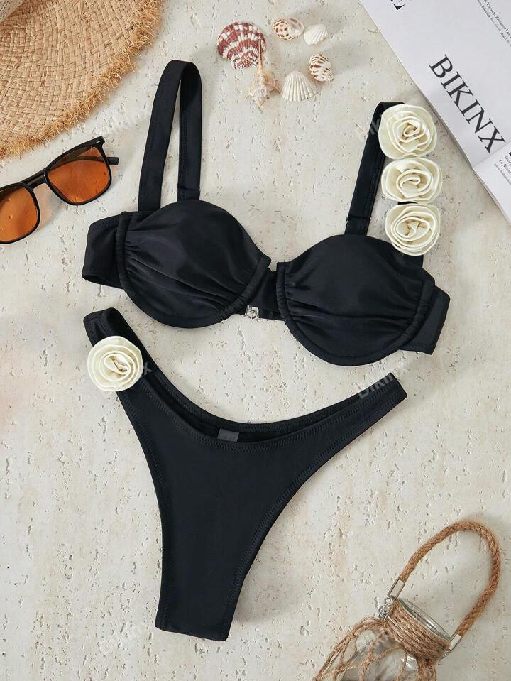 Bikinx Women's Contrast Color Underwire Bikini Three-Dimensional Flower Sexy Split Bikini For Bea... | SHEIN