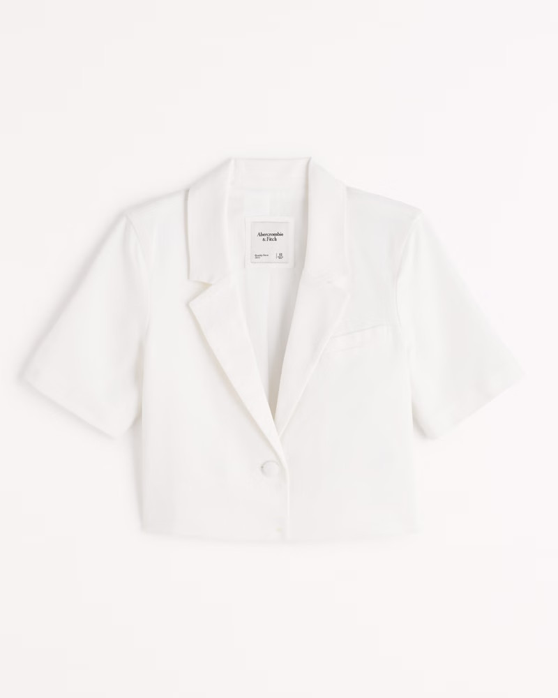 Women's Linen-Blend Short-Sleeve Cropped Blazer | Women's | Abercrombie.com | Abercrombie & Fitch (US)