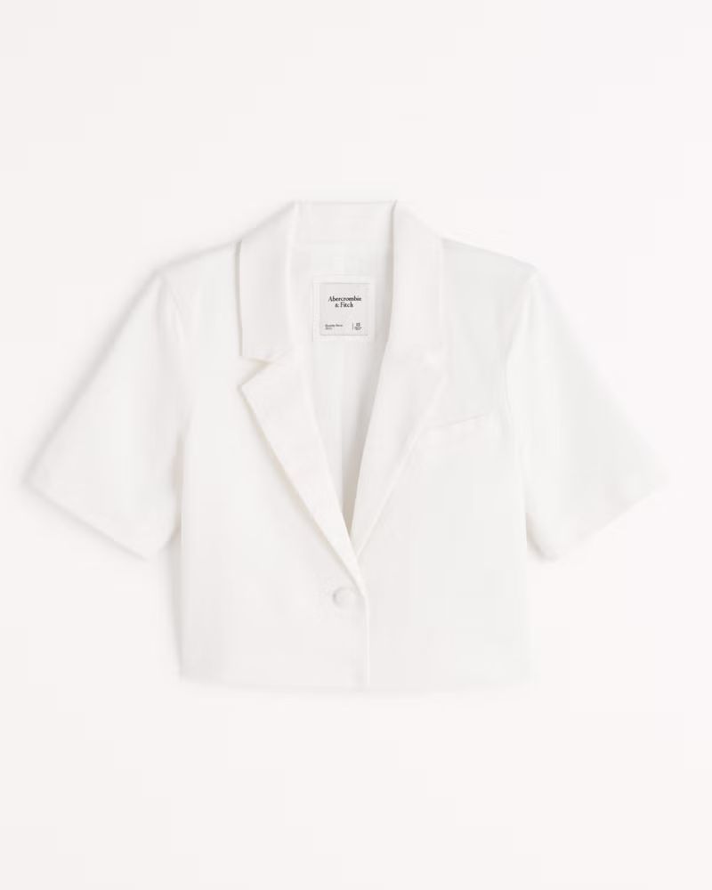 Women's Linen-Blend Short-Sleeve Cropped Blazer | Women's | Abercrombie.com | Abercrombie & Fitch (US)