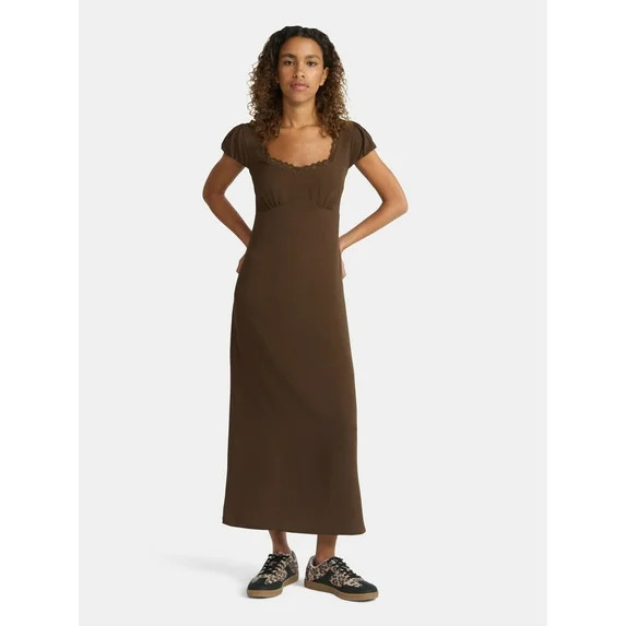 No Boundaries Lace Trim Maxi Dress with Short Bubble Sleeves, Women's - Walmart.com | Walmart (US)