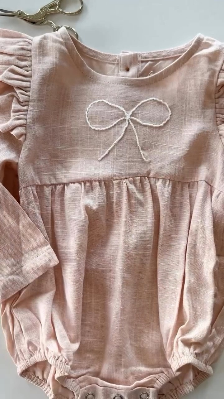 Embroidered this for a sweet little girl 🎀 comment “links” for everything I used to make this, including the linen romper 🫶🏻