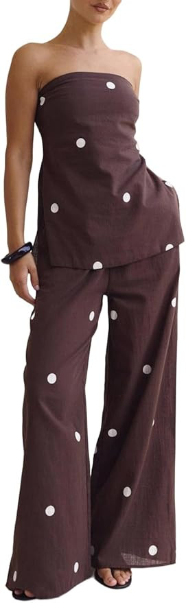 Women Y2k 2 Piece Pants Sets Polka Dots Sleeveless Tube Tops Wide Leg Pants Outfits Casual Matchi... | Amazon (US)