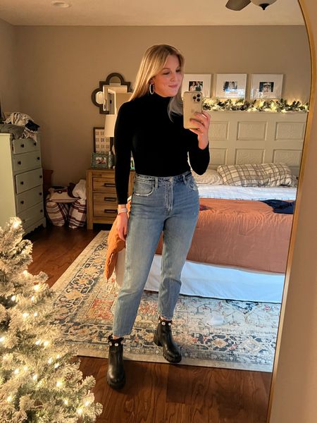 Easy dinner date outfit  Sized down one in the mom jeans for a less baggy fit. Bodysuit and shoes are true to size  

#LTKSeasonal #LTKshoecrush #LTKstyletip