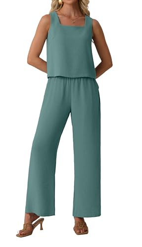 Amazon.com: Lepunuo Women Summer 2 Piece Sets Sleeveless Square Neck Crop Top Wide Leg Pants Matc... | Amazon (US)