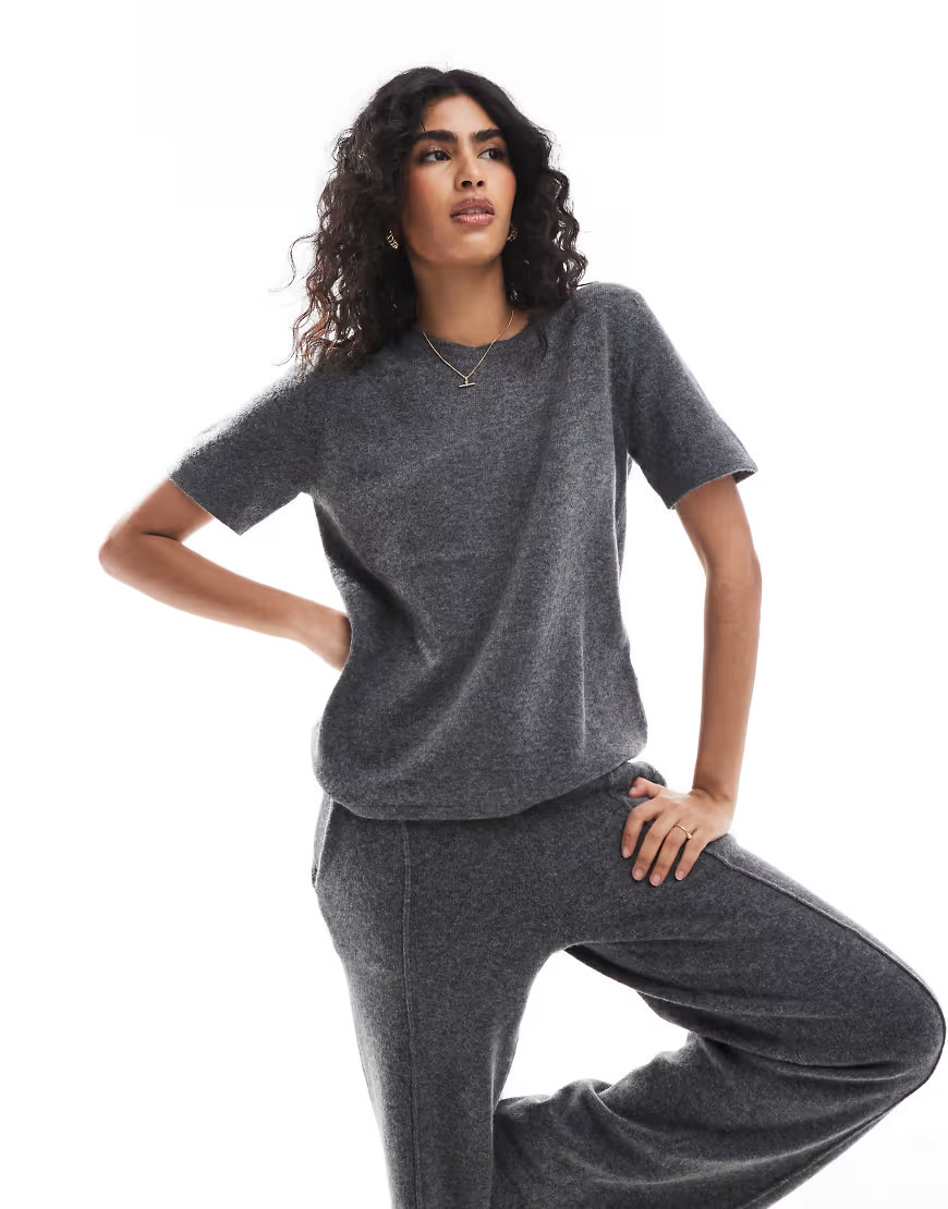 Pieces Mix & Match cosy knitted t-shirt in dark grey melange (part of a set) | ASOS (Global)