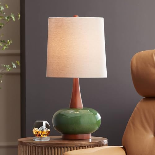 360 Lighting Andi 25" High Mid Century Modern 3-Way Table Lamp Green Ceramic Wood Finish Single Fabric White Shade Living Room Bedroom Bedside Nightstand House Office Home Reading Colors May Vary | Amazon (US)