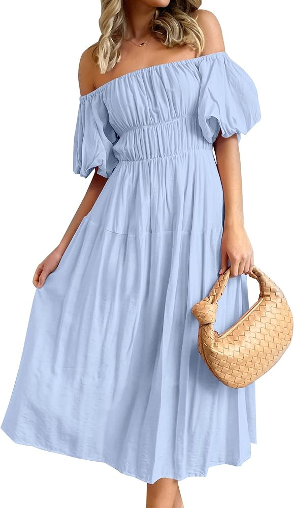 ZESICA Women's 2023 Sexy Boho Off Shoulder Puff Short Sleeve High Waist Ruffled Flowy A Line Beac... | Amazon (US)