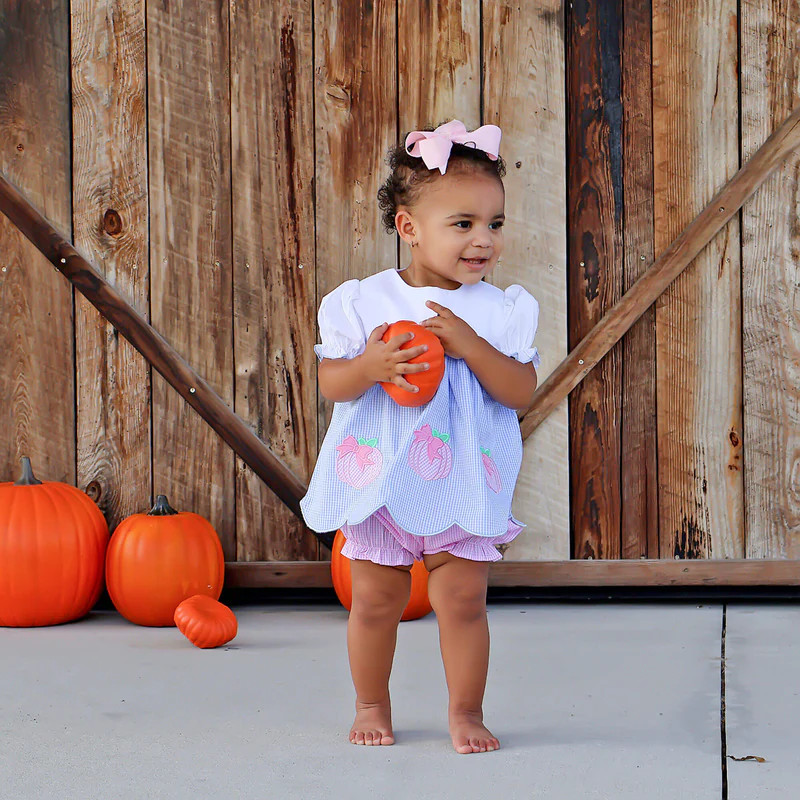 Sweet Pumpkin Bow Light Blue Gingham Amelia Bloomer Set | Classic Whimsy