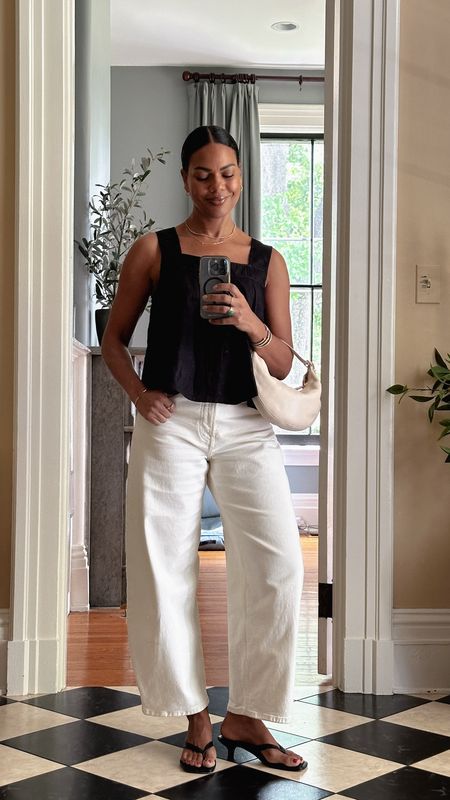 Perfect Summer Bloat Outfit - go flowy all over. One thing I love about barrel jeans is they are extremely comfortable like pajamas! Always size up in barrel jeans. Paired with a linen top and a low kitten heel. Feel comfortable & look polished while bloated!  

#LTKOver40 #LTKStyleTip