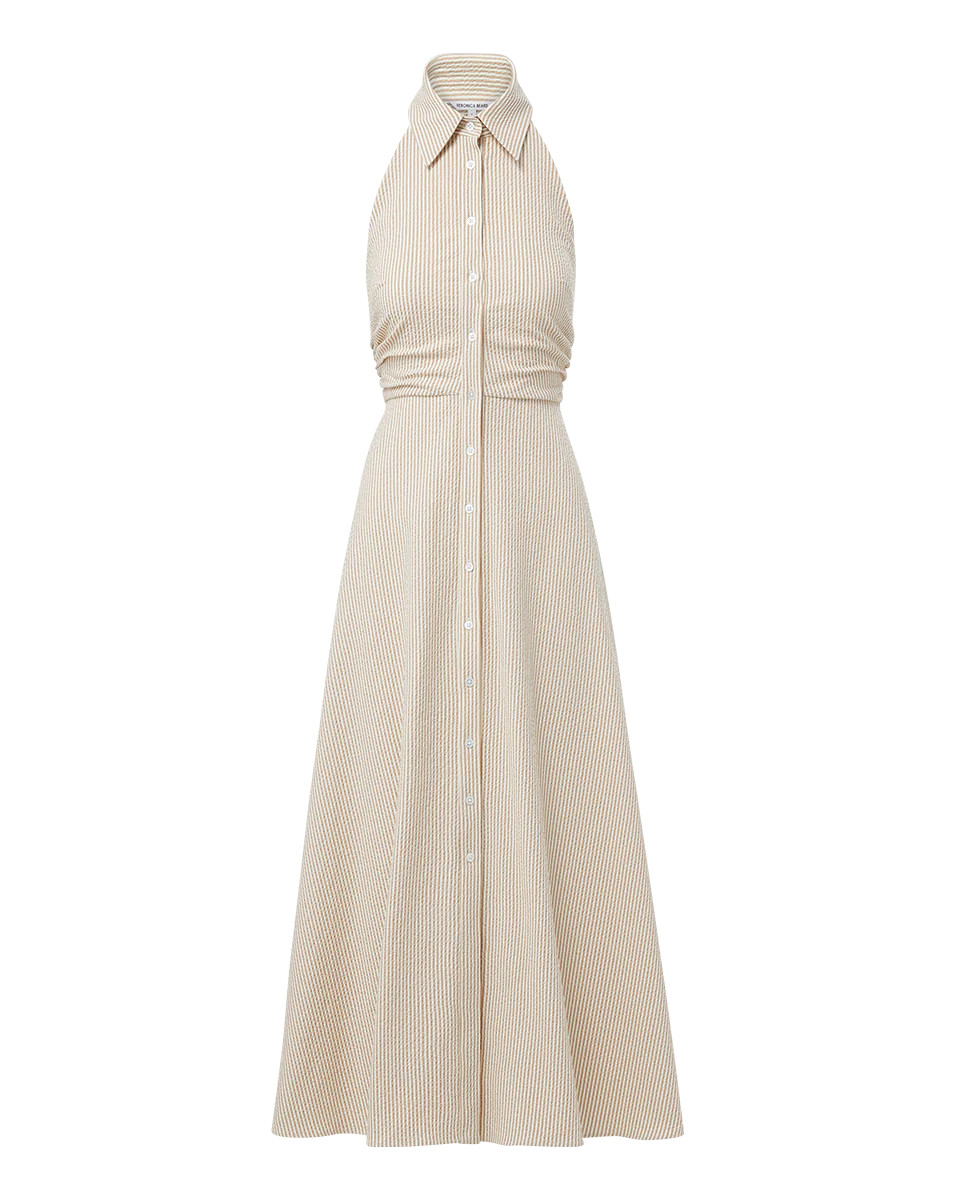 Mackey Seersucker Halter Dress in Khaki/White | Veronica Beard | Veronica Beard