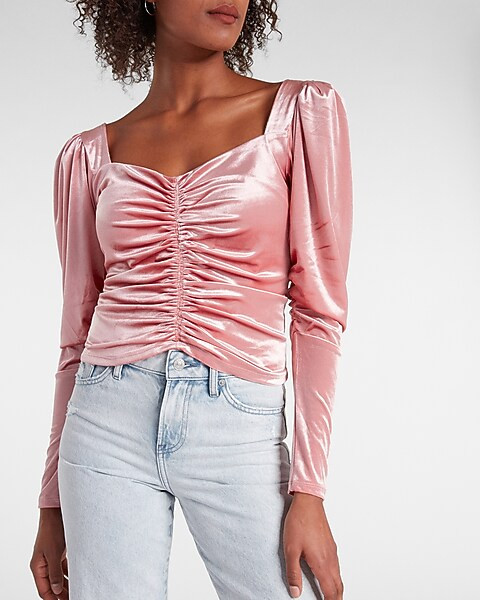 Velvet Long Sleeve Ruched Front Top | Express