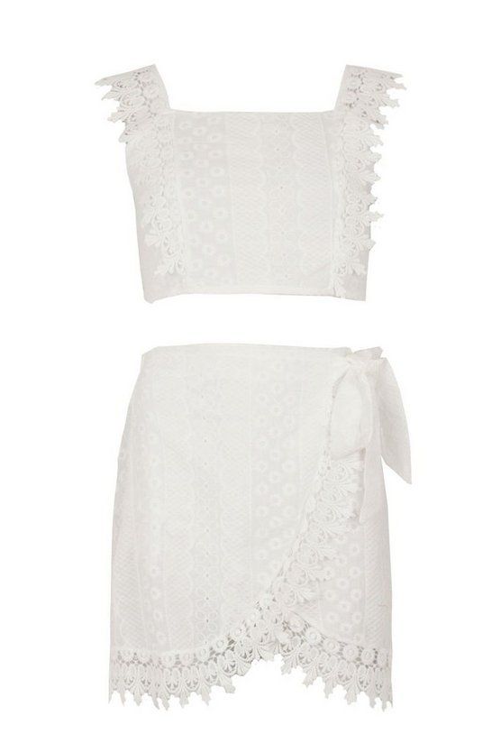 Brodeire Lace Tie Back Top & Wrap Mini Skirt Two-Piece | Boohoo.com (US & CA)