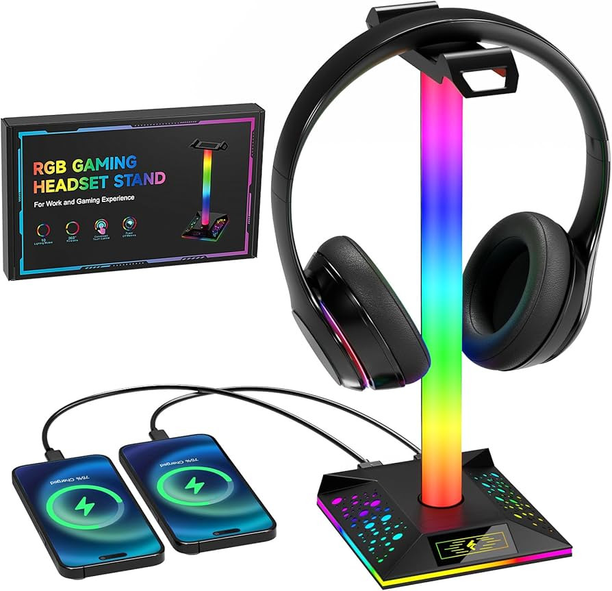 Gaming Headphone Stand PC Accessories - RGB Headset Stand with 2 USB Charger, Cool LED Headphone ... | Amazon (US)