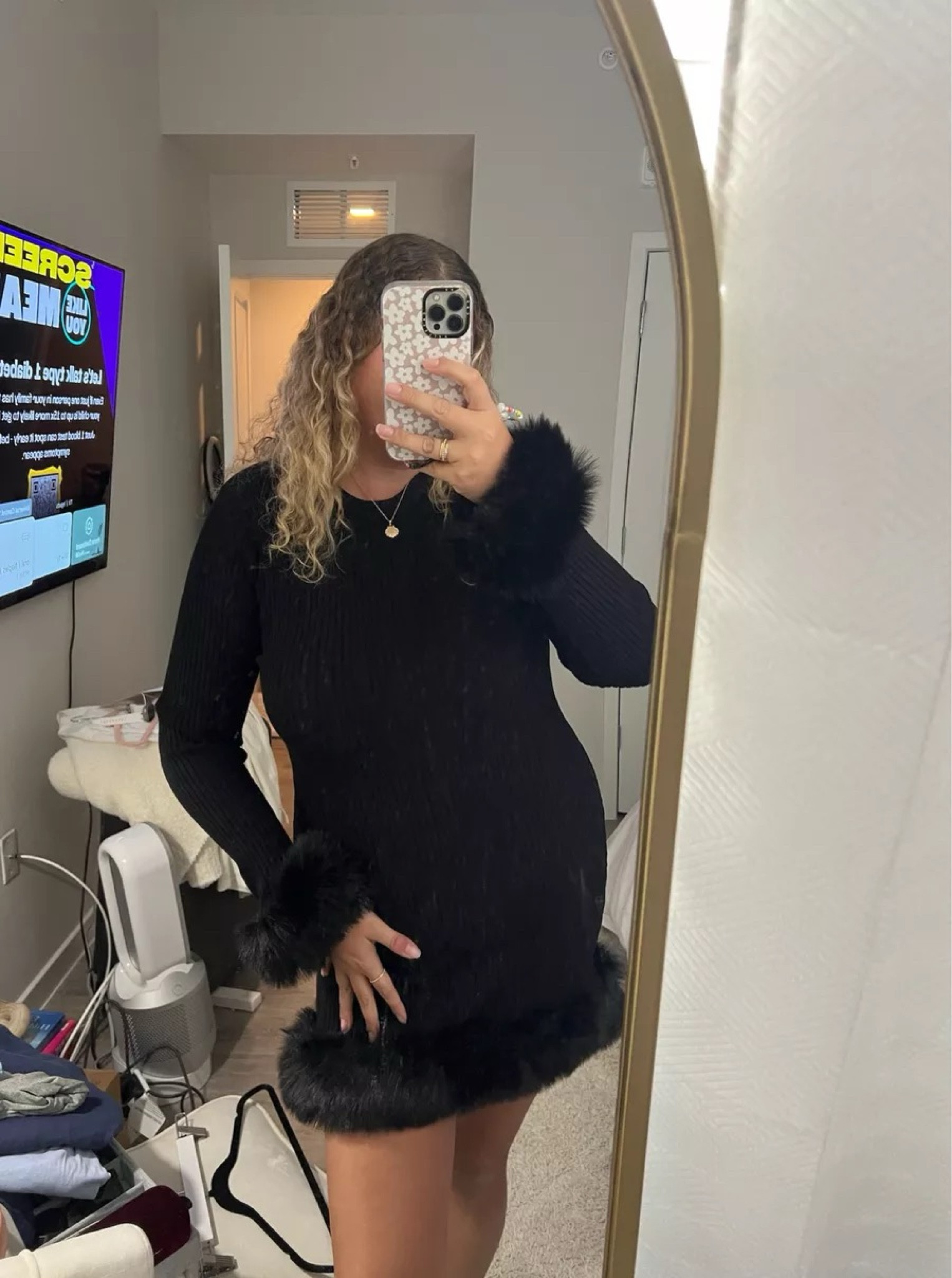 NYE outfit, NYE dress, holiday outfit, New Years Eve outfit, How perfect is this dress from Show Me Your Mumu?! The faux fur detailing on the sleeves and bottom really elevate it and make it perfect for a holiday party or even for NYE…maybe even a cocktail attire wedding!

#LTKHoliday #LTKparties #LTKmidsize