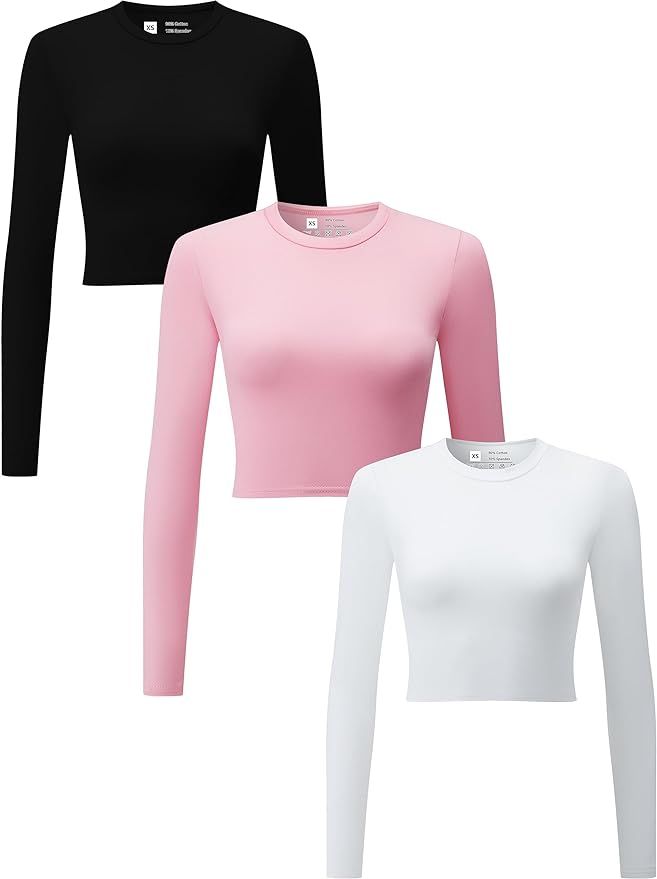 Flutnel 3 Piece Women's Crop Tops Long Sleeve Crew Neck Stretch Fitted Workout Exercise Crop Tops | Amazon (US)