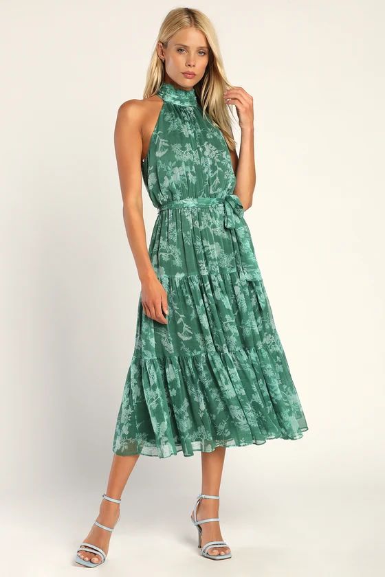 Float to You Green Floral Print Halter Tiered Midi Dress | Lulus (US)