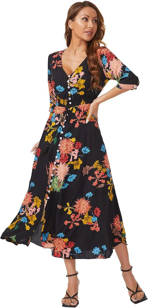 Milumia Summer Flowy Long Maxi Dress Button Up Split Floral Print Boho Dresses for Women 2024 | Amazon (US)