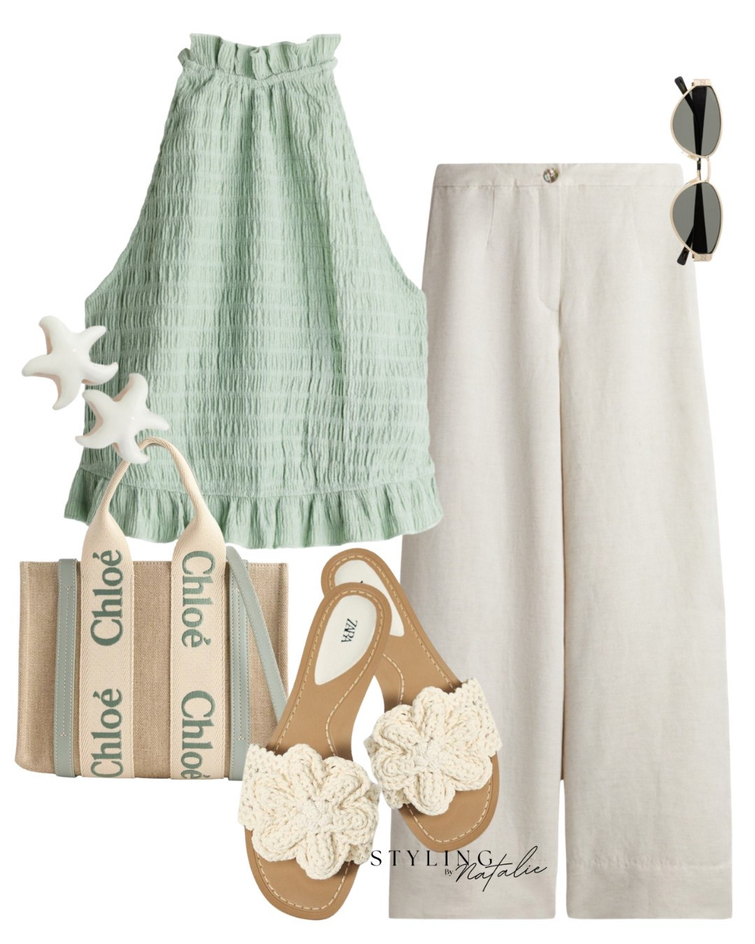 Summer outfit with wide leg linen trousers, sage green textured halter neck top, crochet sandals, Chloe tote bag, star shape earrings & Gucci sunglasses. Casual chic, everyday style, high street. 

#LTKuk #LTKsummer #LTKstyletip