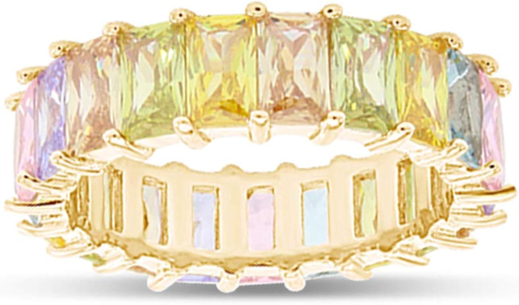 AFFY 18K Yellow Gold Plated Emerald-Cut Multi Color AAA Created-Gemstone Eternity Ring Rainbow Valentine's Day Gift For Her | Amazon (US)