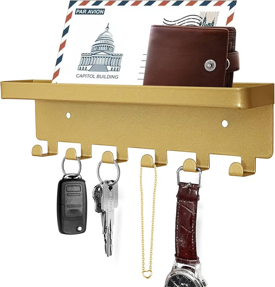 GTK Key Holder for Wall, Key Hooks with Tray and 6 Hooks, Wall Mounted Key Holder for Hallway, Key Rack with Shelf for Mail Storage (Gold) | Amazon (US)