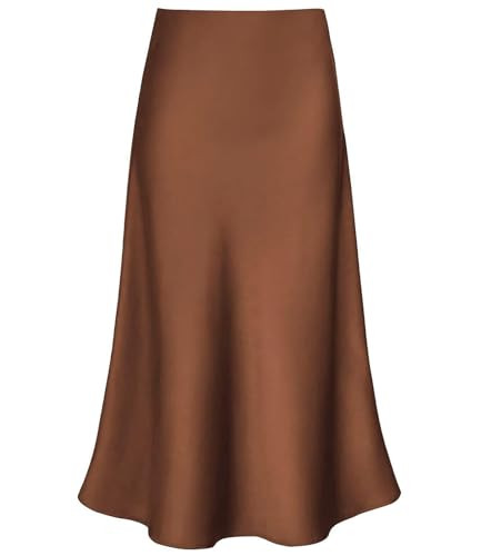 Women's Satin High Waist Ruffle Hidden Elasticized Waistband Casual A Line Midi Skirt (Brown, Large) | Amazon (US)
