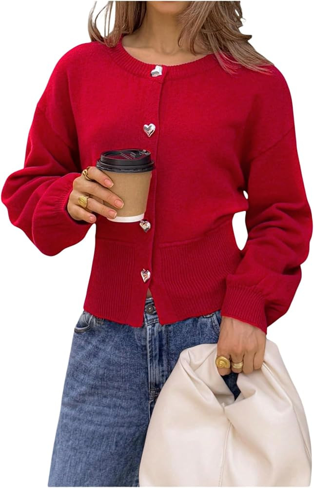 Verdusa Women's Winter Clothing Heart Cropped Cardigan Sweaters Cinched Waist Knit Tops | Amazon (US)