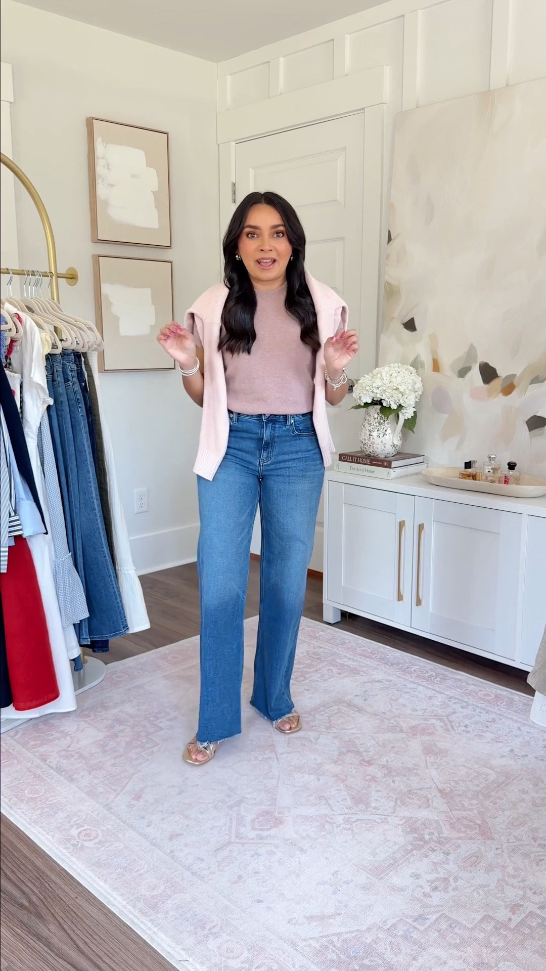 Shell pink cardigan size xs TTS
Heather vintage pink cashmere tee size xs TTS
Twilight blue gray wide leg jeans size 26 short
Gold sandals size 5.5 TTS

#LTKootd #LTKgrwm #LTKPetite